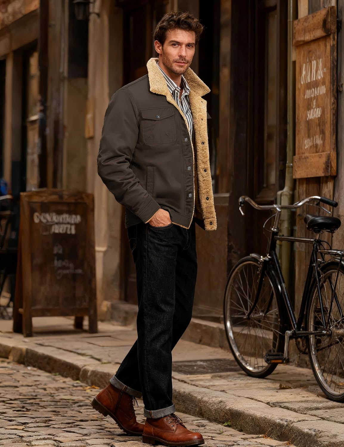 KEFITEVD Men's Winter Fleece Jacket Sherpa Lined Cargo Jackets Casual Trucker Coat Work Winter Thick Warm Coat - Image 3