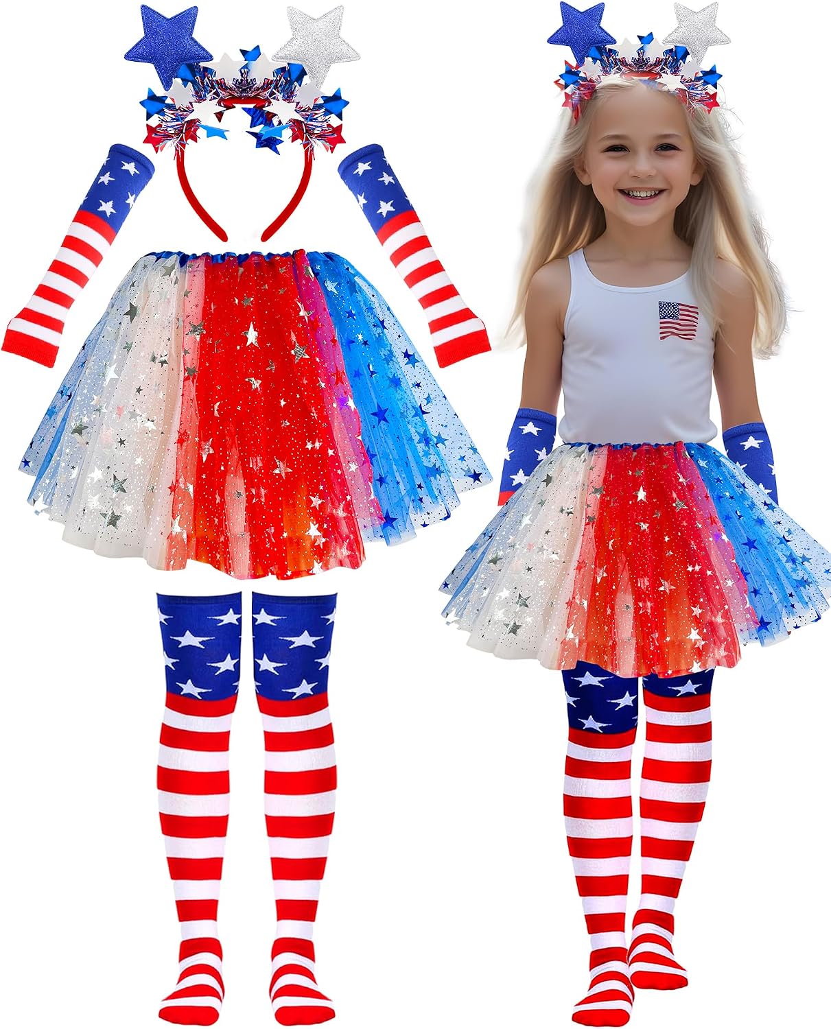 BleSky 4th of July Tutu Set Over 14 Years Old Years Red White and Blue Tutu Patriotic Costume Accessories Independence Day Costume Halloween Cosplay Party
