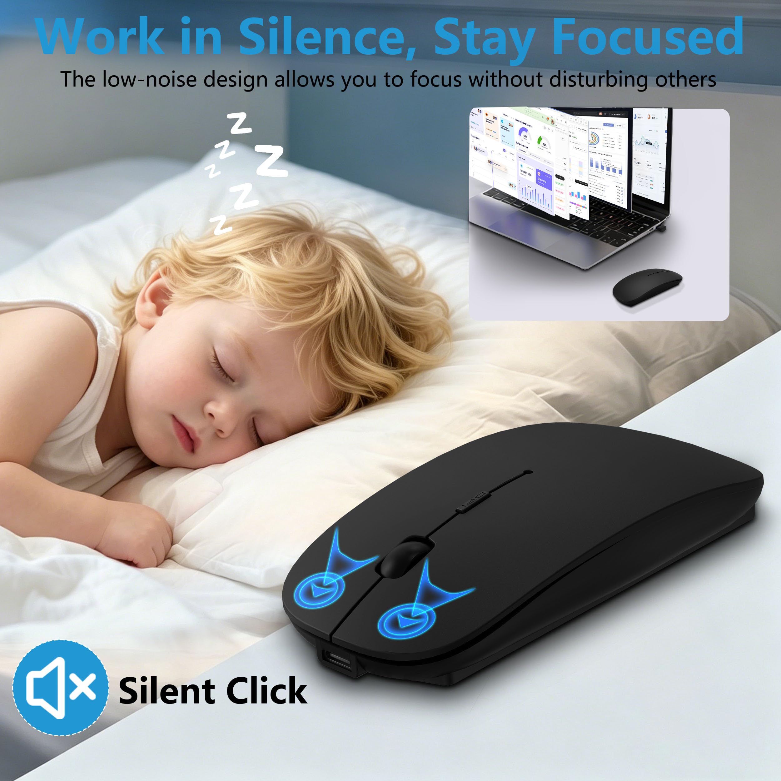 Ratón inalámbrico Bluetooth recargable con jiggler, mouse delgado silencioso para MacBook, iPad, laptop y PC, receptor dual USB-C/USB-A, BT5.2 y 2.4G, mouse óptico portátil con DPI ajustable, color