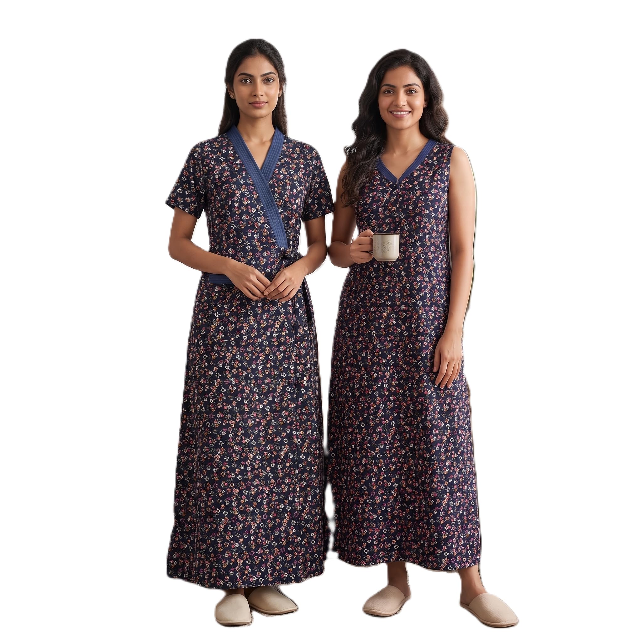 Women's Bizzy Lizzy Poly Cotton Set Of 2pc Full Length Housecoat, Robe, Nighty, Sleepwear, Night Gown for Women Ladies, Front Open Adjustable-image-11