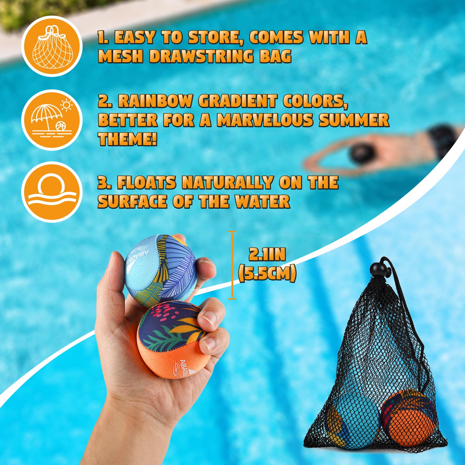 Pelota Agua 2 Pcs Bola de Rebote de Agua, Pelotas De Agua Reutilizables Water Bouncing Ball Secado Rápido Juegos de Playa Piscina Mar Fiesta y Actividades para Niños Adultos (Naranja + Azul)