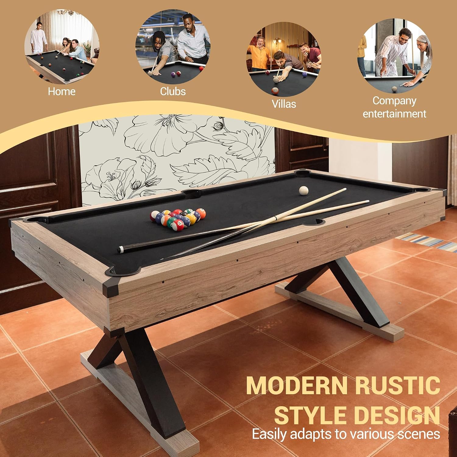 7 FT Pool Table, Billiard Table with 2 Cue Sticks, Billiard Balls, Cues, Cleaning Brush, X-Legs, Black Cloth, Rustic Grey, 84" L x 46.5" W x 32.7" H