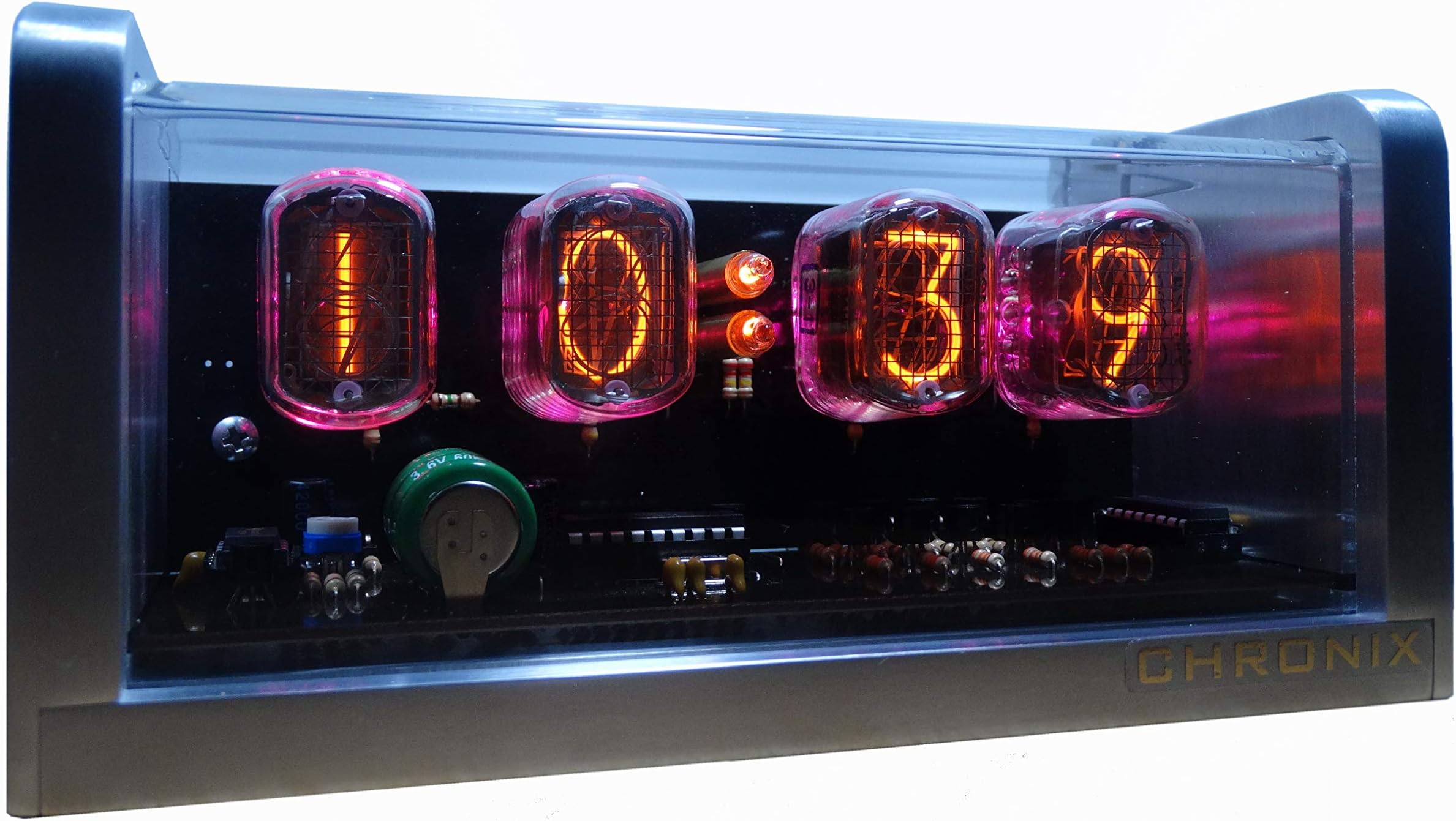 CHRONIX Vintage Nixie Tube Clock with 4xIN-12 displays & alarm & pink backlight & aluminum case