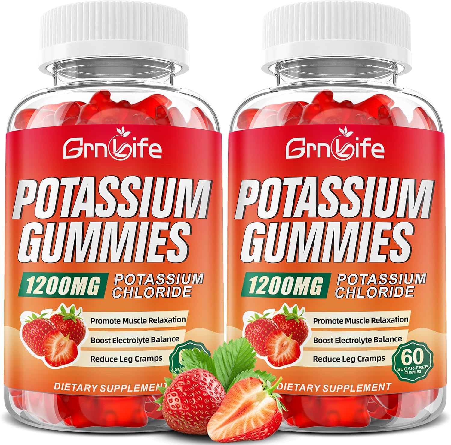 2 Pack Potassium Gummies for Adults, Potassium Chloride Gummies 1200mg Support Leg Cramps & Electrolyte Balance, Strawberry Flavor 120 Count