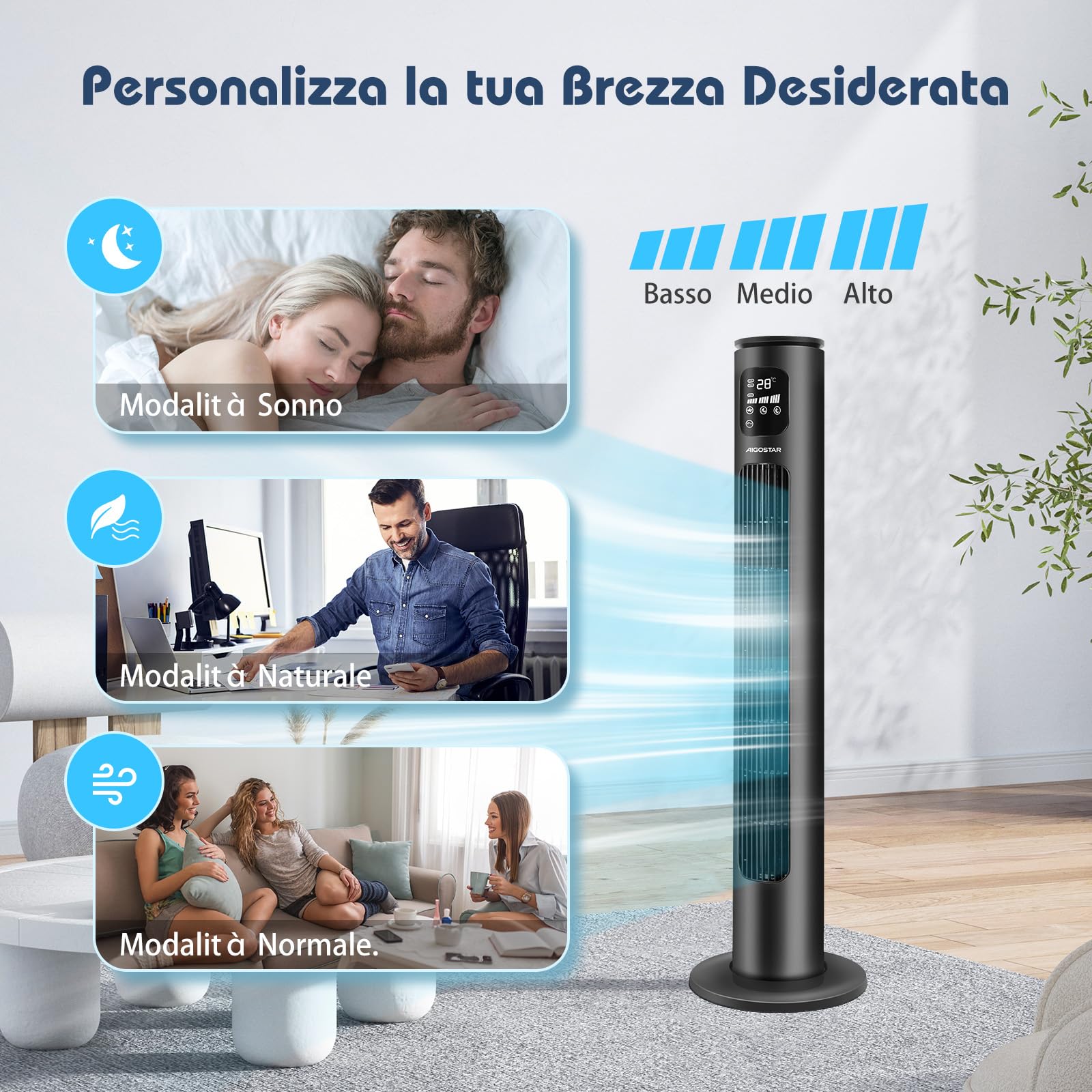 Aigostar Ross Smart - Ventilatore a torre Smart WiFi con telecomando, 102 cm, display LED, oscillazione 70°, 3 velocità 3 modalità, timer 24 ore, controllo APP, adatto per casa e ufficio