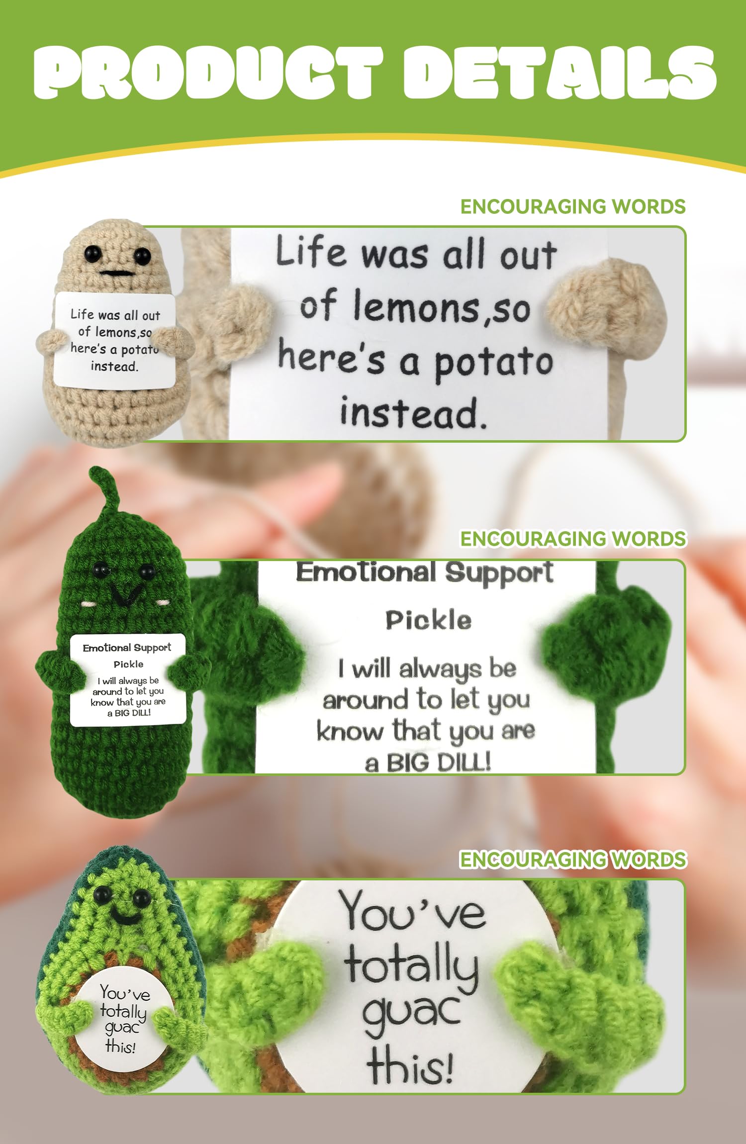 Emotional Support Pickle Crochet Doll - Funny Positive Gag Gift For Women & Men