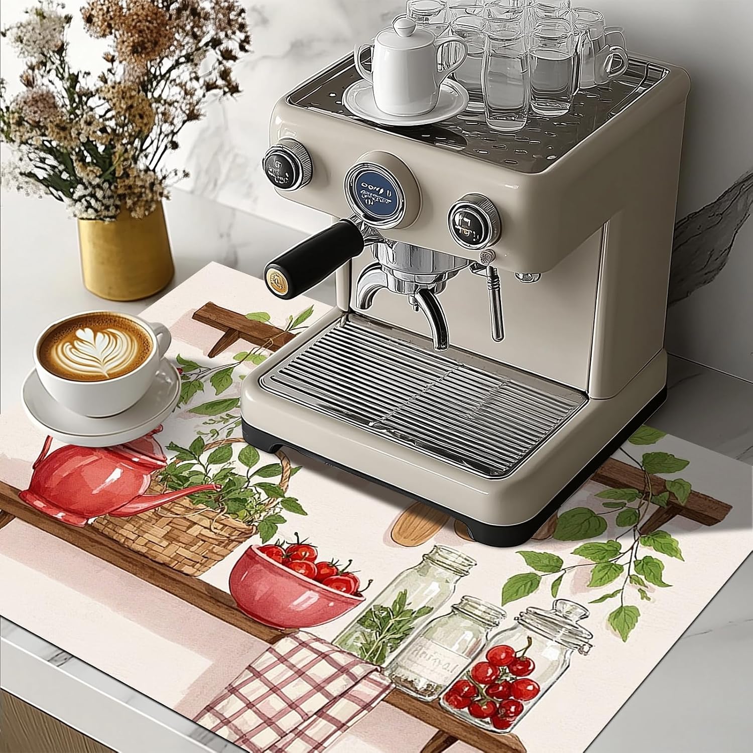 HOMETITUTE Stove Top Covers for Electric 28x20 Inches Kitchen Shelf Teapot Vegetables Design Heat Resistant Cooktop Cover Countertop Protector Dish Drying Mats Farmhouse Kitchen Decorations