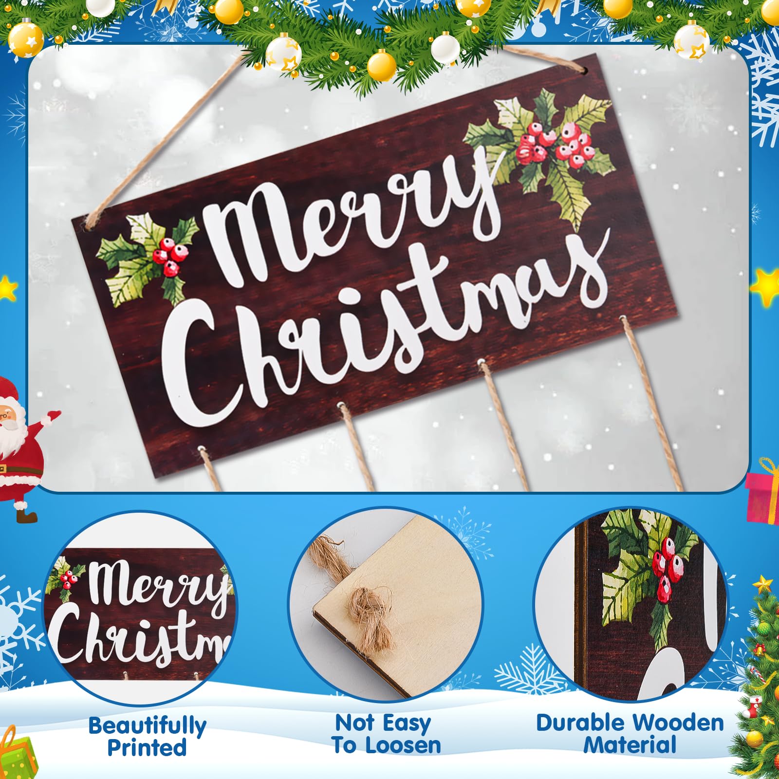 Ychelhr Christmas Card Holder, Merry Christmas Wooden Hanging Picture Display with 30 Photo Clips for Xmas Cards Home Wall - Image 4