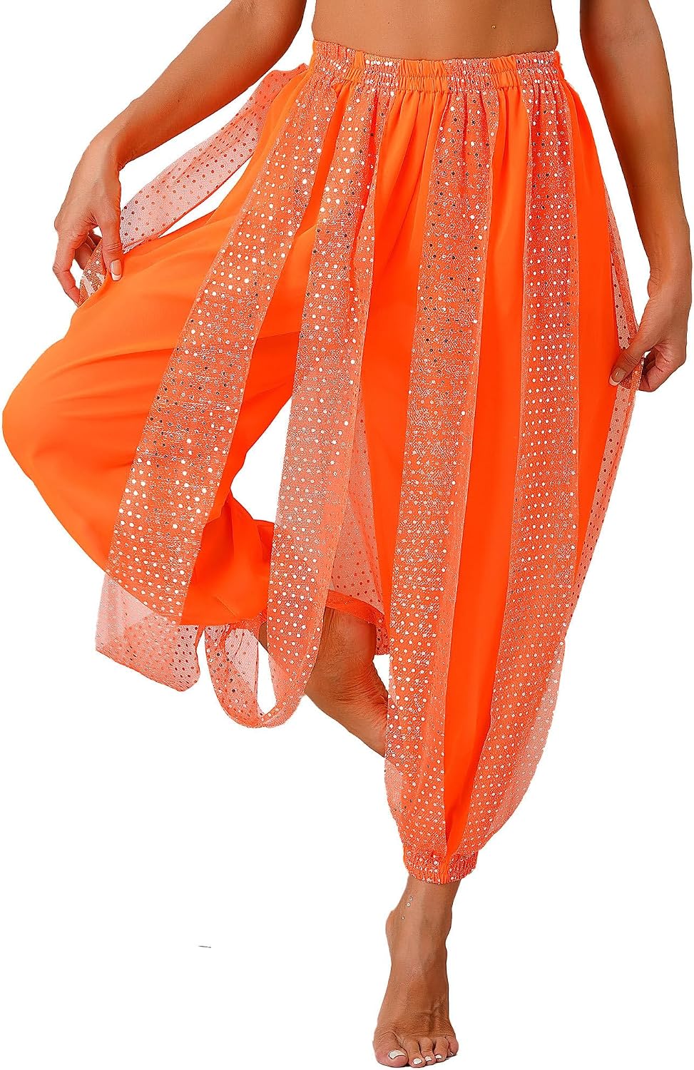 XUNZOO Women's Belly Dance Harem Pants Sequined Dots Chiffon Trousers Arabic Performance Loose Bloomers Pants