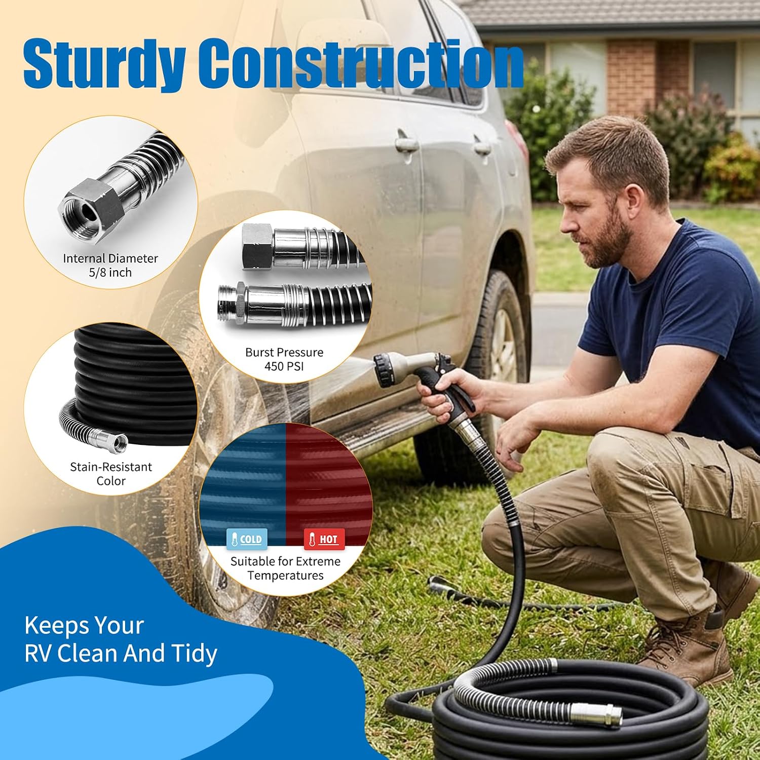 25FT RV Black Water Hose for Camper & RV, 5/8" Heavy Duty Sewer Flush Hose with No-Kink Design, Flexible Drain Cleaning Hose for Black Water, Gray Water & RV Tank Cleaning Accessories