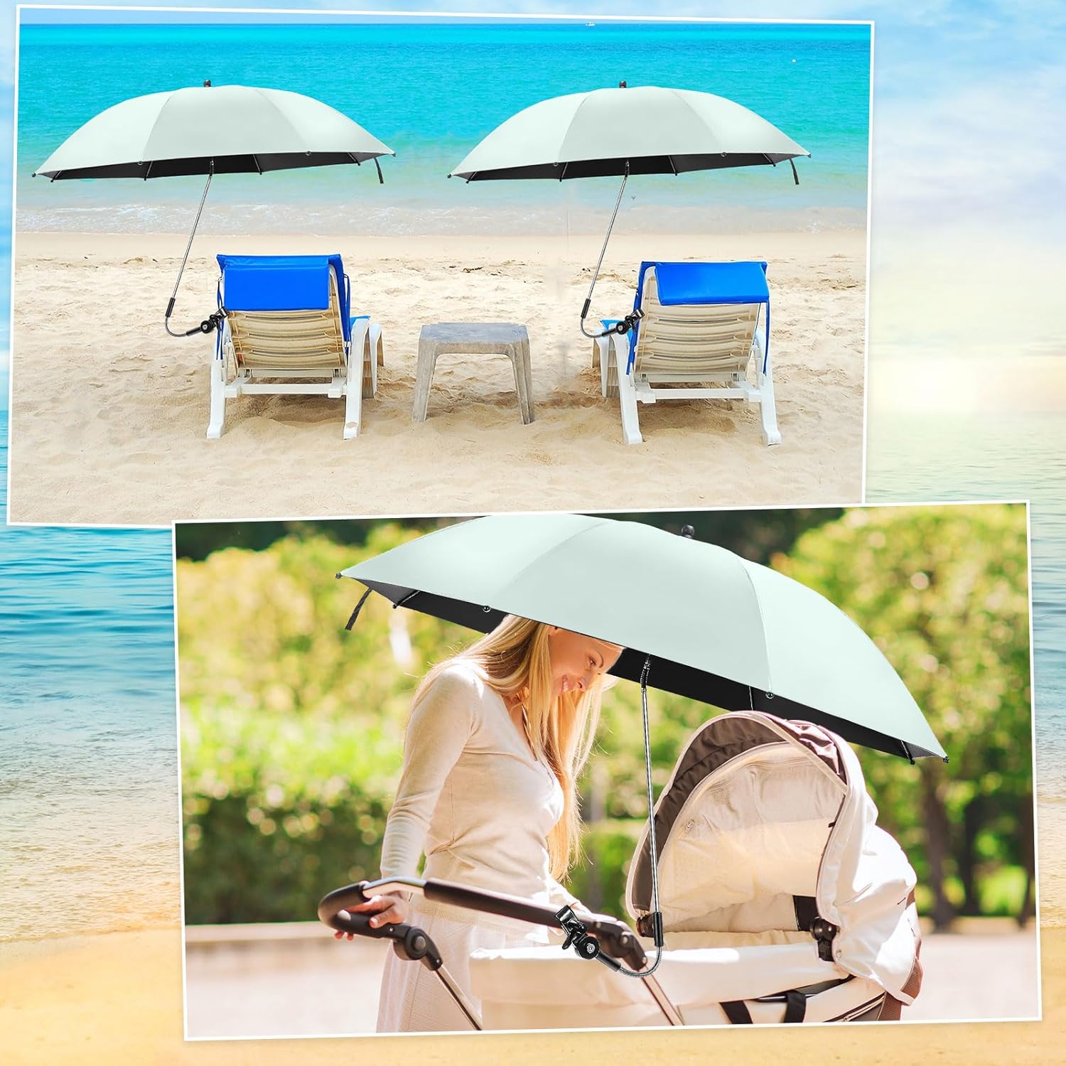 Talltalk 2 Pcs Beach Umbrella with Universal Clamp Adjustable Beach Shade UV Protection Chair Portable Outdoor Umbrella for Camping Patio Chairs Golf Carts