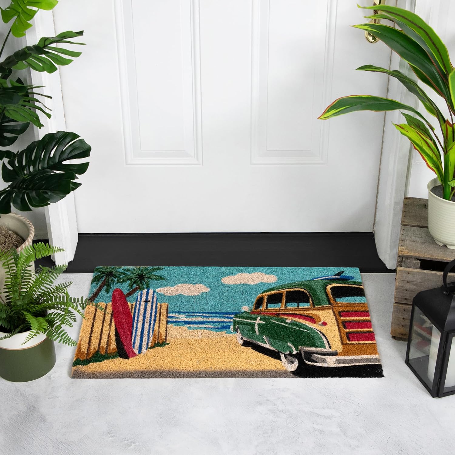 Northlight Retro Car on Beach Rectangular Coir Door Mat 18" x 30"