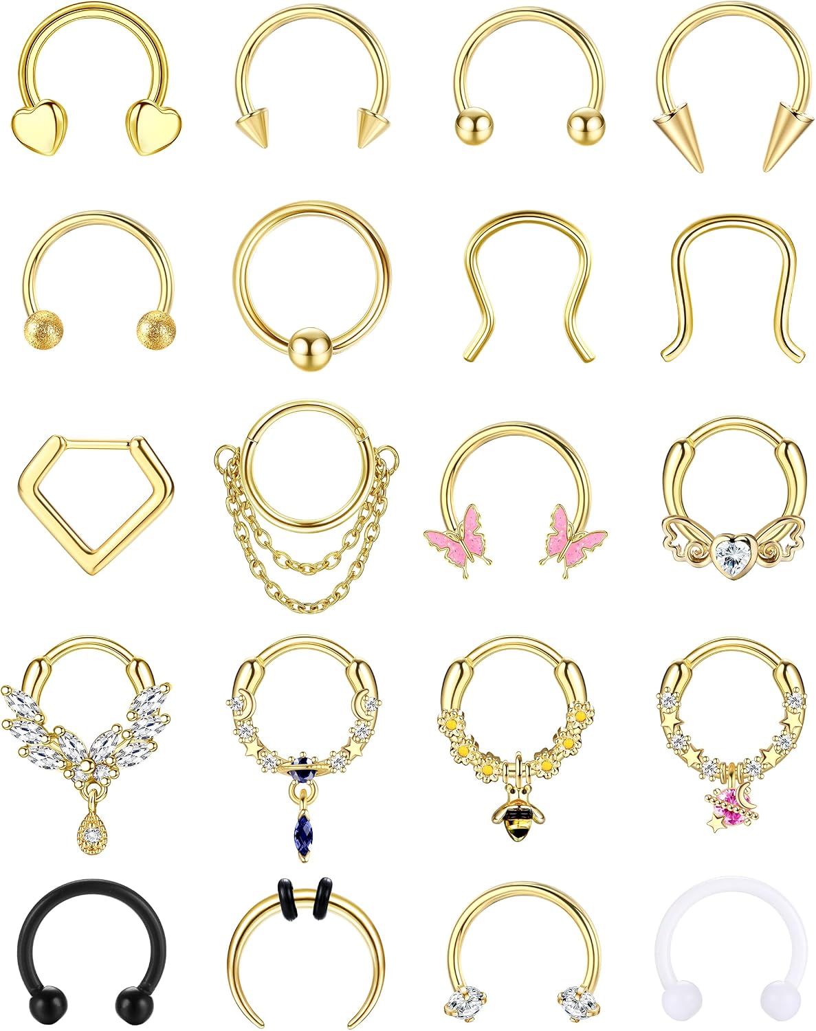 BESTEEL 20Pcs Gold Septum Rings 16G Small Septum Jewelry Surgical Steel Septum Clicker Dangle Nose Rings Hoops for Women Men Cute Star Bee CZ Heart Butterfly Chain Septum Rings Septum Piercing Jewelry