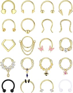 20Pcs Gold Septum Rings 16G Small Septum Jewelry Surgical Steel Septum Clicker Dangle Nose Rings Hoops for Women Men Cute Star Bee CZ Heart Butterfly Chain Septum Rings Horseshoe Septum Piercing Jewelry 10MM
