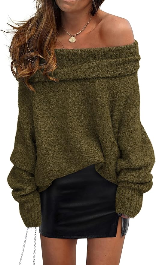PRETTYGARDEN Women's Off The Shoulder Sweater Long Sleeve Tops 2025 Fall Loose Knit Pullover Sweaters Winter Clothes