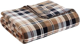 Eddie Bauer Queen Size Reversible Plaid Blanket - Ultra-Soft Plush Trailhead Beige for Bed or Couch
