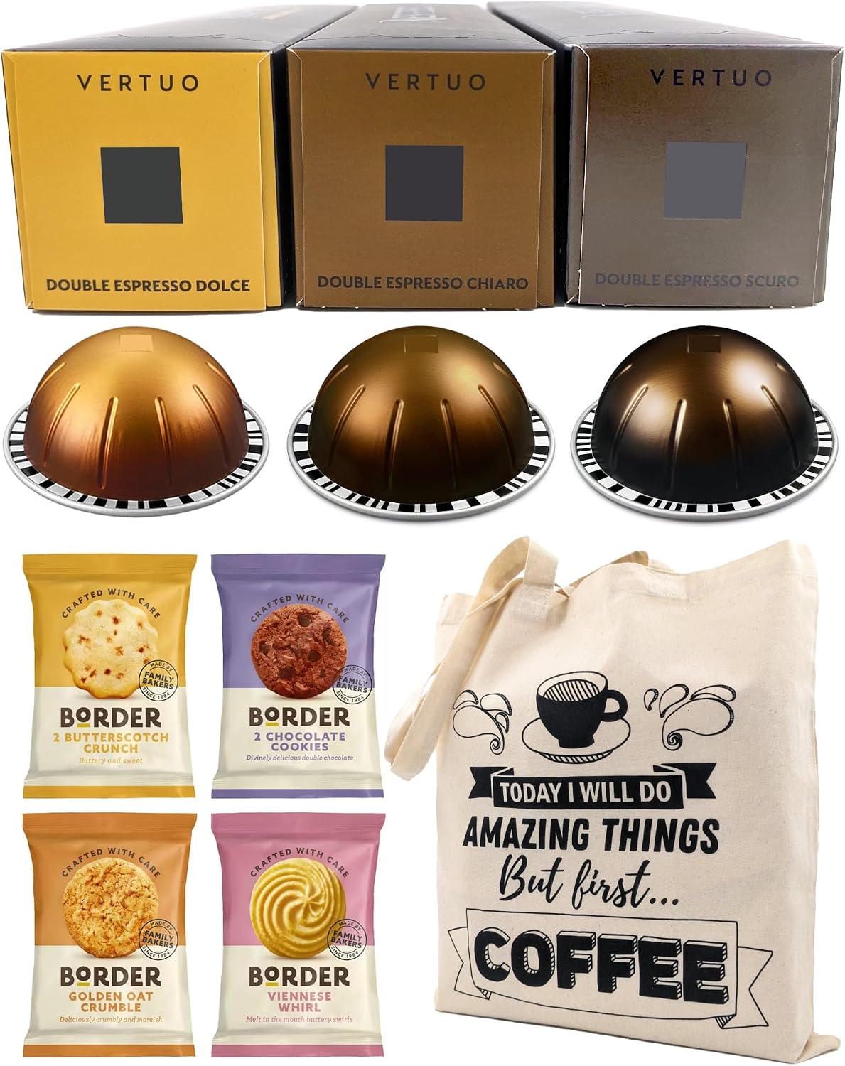 Coffee Pod Variety Pack for Nespresso Vertuo Machine - Double Espresso Selection Chiaro, Scuro, Dolce - 3 Boxes 30 Pods Bundled with Border Biscuits and Reusable Tote Bag
