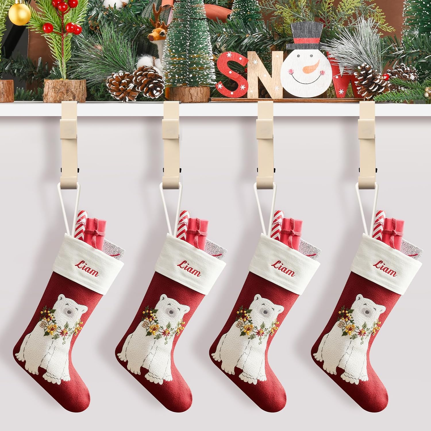 6 Pack Christmas Stocking and Garland Holders with 2 Hooks, Mantle Garland Holder for Hanging Christmas Stockings, Adjustable Fireplace Garland Holder & Stocking Hanger, Max 2.1" Thick Mantle - Beige