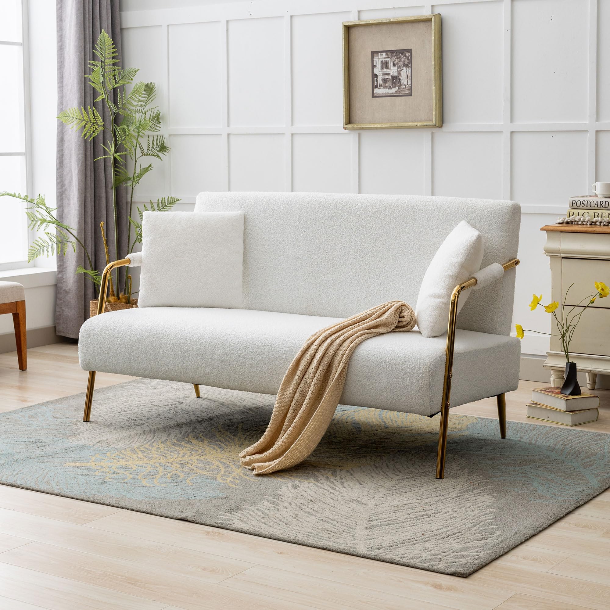 Modern Bouclé Loveseat Sofa: 61" Mid Century 2 Seater Teddy Velvet Couch- Comfy Upholstered with 2 Pillows - Gold Metal Legs - Small Spaces Apartment Office Bedroom(Cream White)