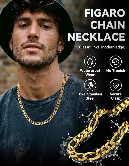 ChainsHouse Stainless Steel Figaro Chain Necklace for Men Women