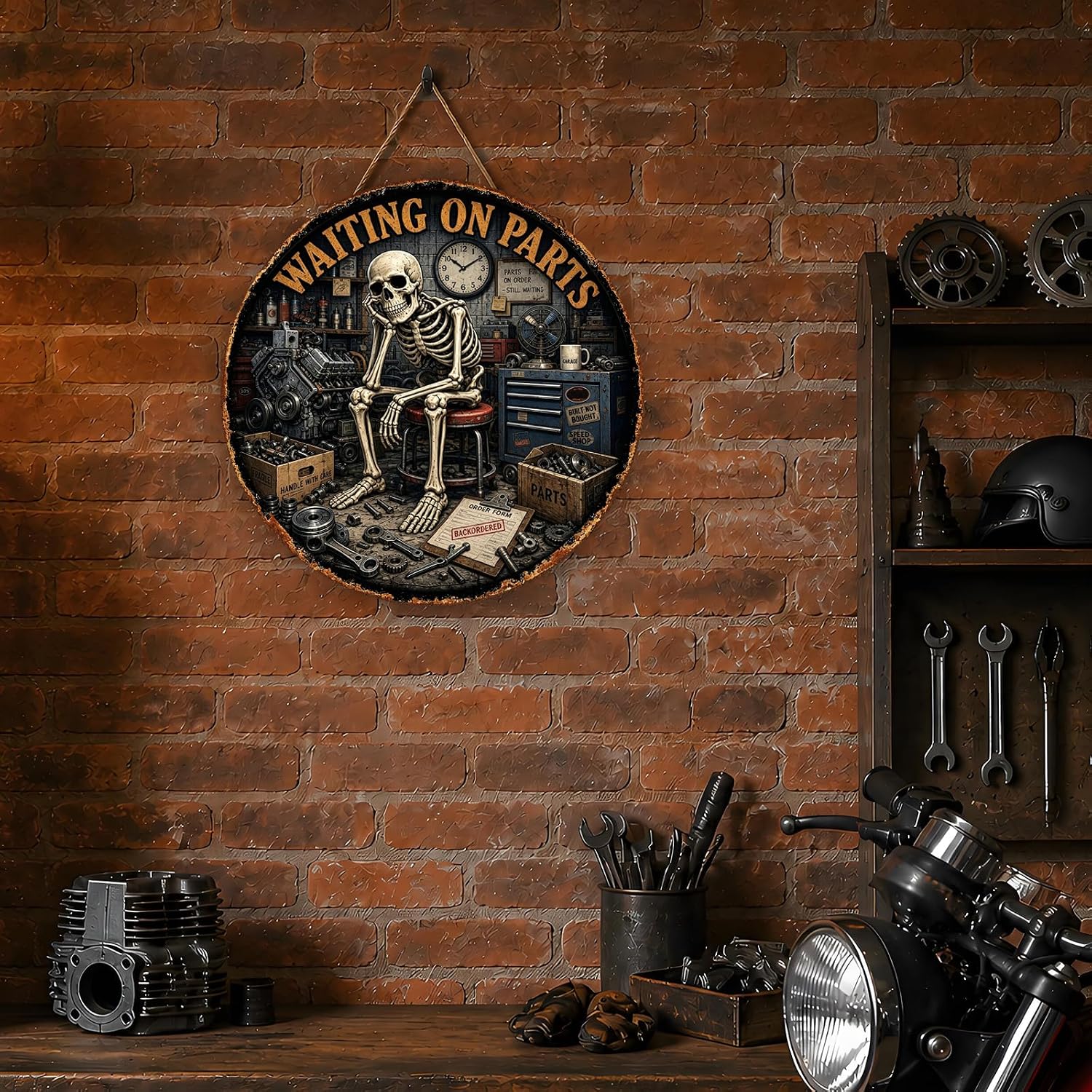 Funny Mechanic Skeleton Metal Sign Wall Decor for Garage Workshop image 3