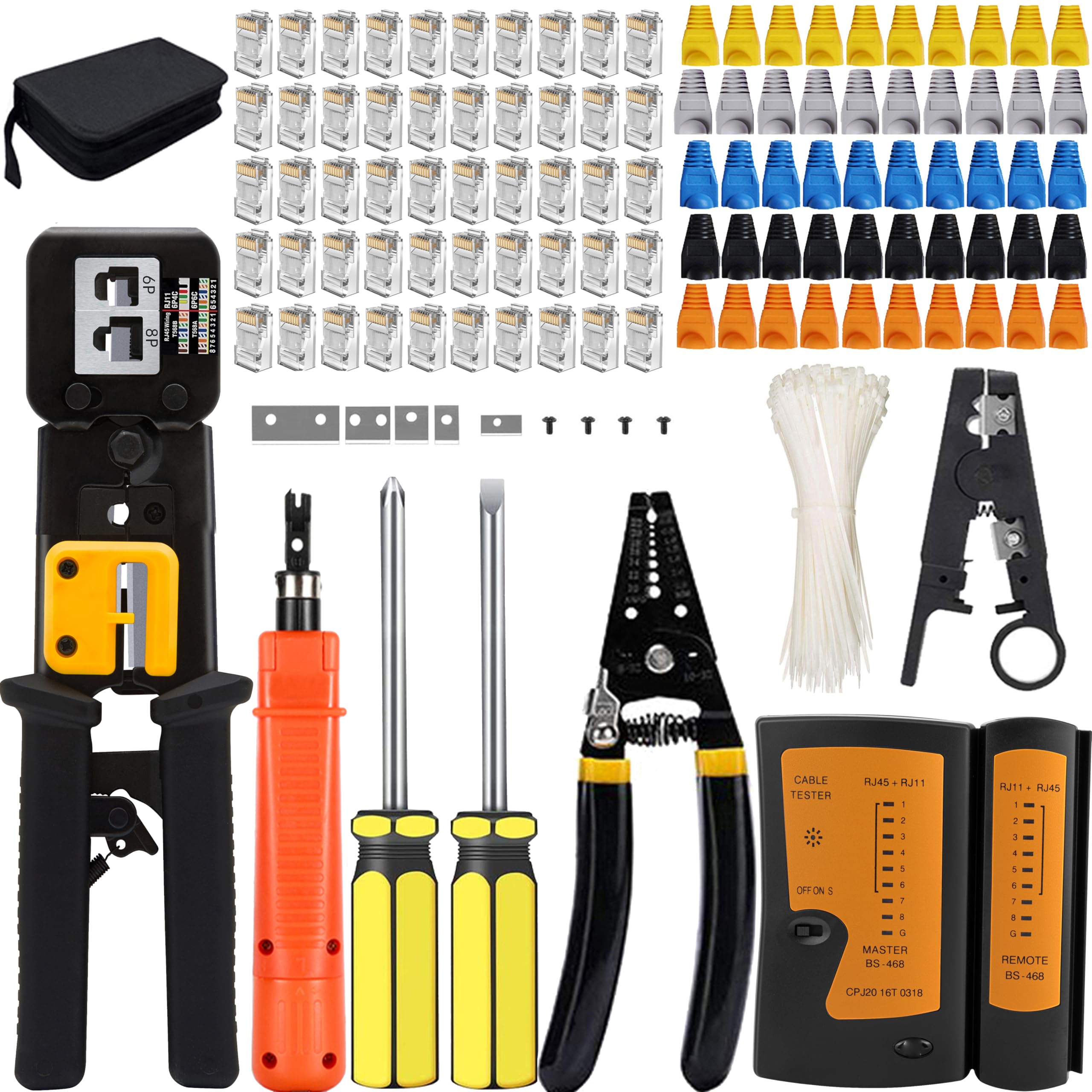 Mayline-Tech Black Network Tool Kit, Rj45 Rj12 Crimp & Test Kit, Cat5e Cat6 Cat7 Stripper, 50Pcs Connectors, Cable Tester, Crimper, Wire Stripper, Screwdriver Set, Tool Bag