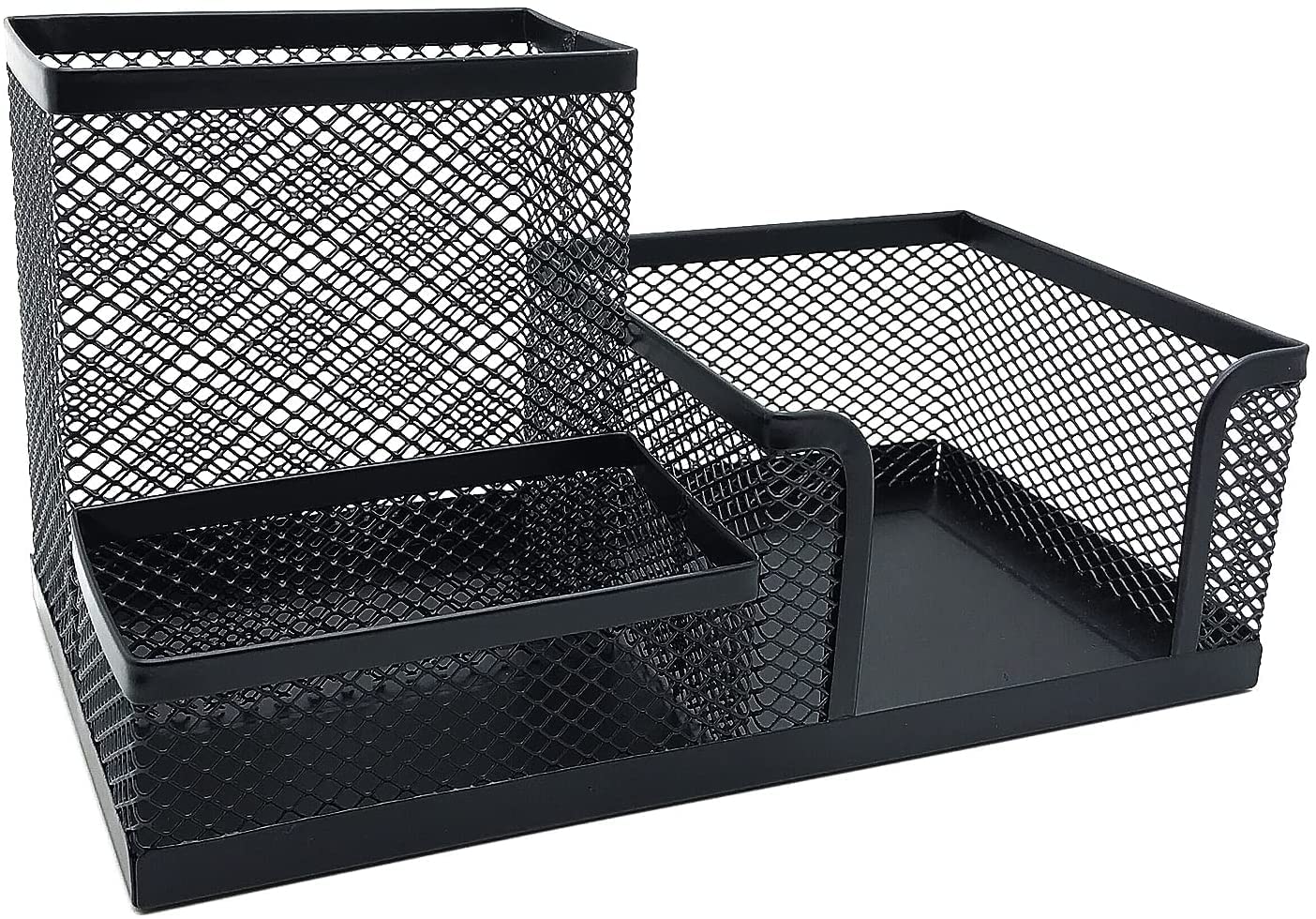 Mesh Pen Holder for Desk Pencil Holders Desk Organizer Office Supplies Caddy with Sticky Notes Holder for Office School Home 3 Compartments-Black