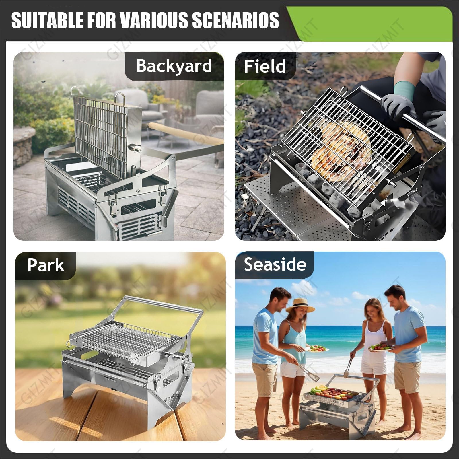 Przenośny grill ze stali nierdzewnej, obracany o 360° grill na węgiel drzewny z obracanym koszem na kemping, tailgating i przygody na świeżym powietrzu, w zestawie torba do grillowania