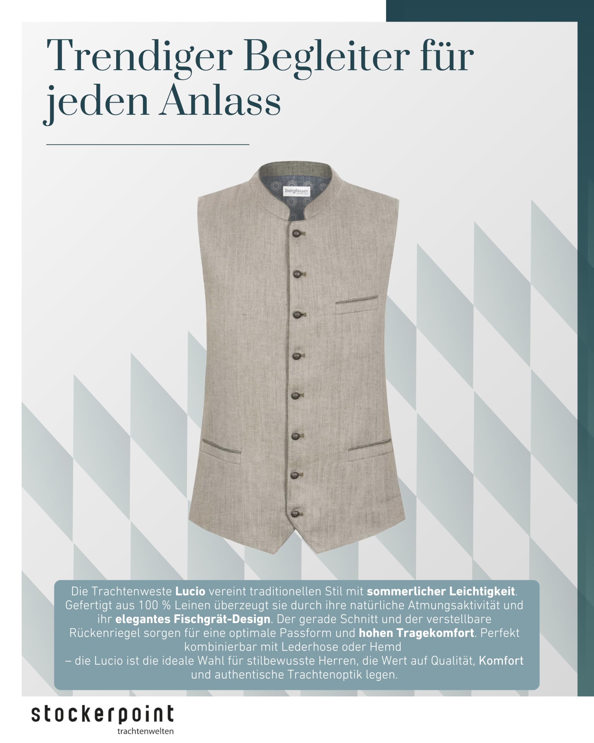 Bergfeuer Stockerpoint Herren Trachtenweste Lucio I Größen 44-60 I Traditionelle & hochwertige Weste mit verstellbarem Riegel I Perfekt für Trachten & Festlichkeiten