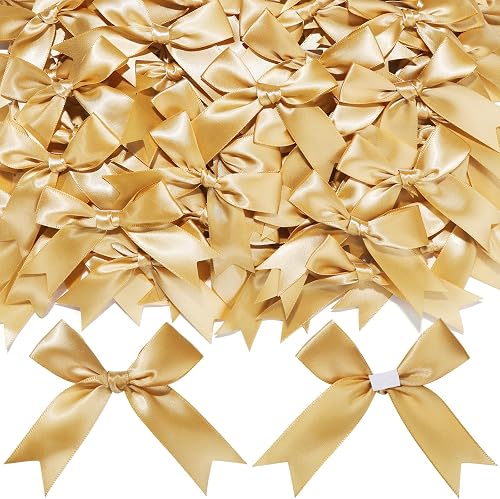 YGDZ Gold Bows, Satin Self Adhesive Gold Ribbon Bows for Crafts, Small Bow with Double-Sided Tape, Mini Bows for Gift Wrapping, Balloons, Wedding Decor, Party Favors