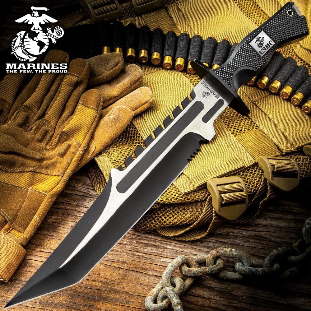 United Cutlery USMC Operation Mako Knife | 10 3/4" Full-Tang Stainless Steel Blade | Sawback and Partial Serrations | Hard TPU Handle | Nylon Belt Sheath | 16 1/2" Overall Length