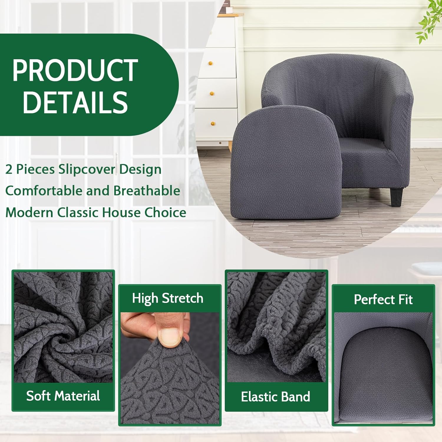 Club Chair Slipcover 2 Piece Jacquard Tub Chair Slipcover Soft Stretch Round Barrel Chair Covers Armchair Covers Furniture Protector for Living Room Hotel Counter Cafe, Dark Grey