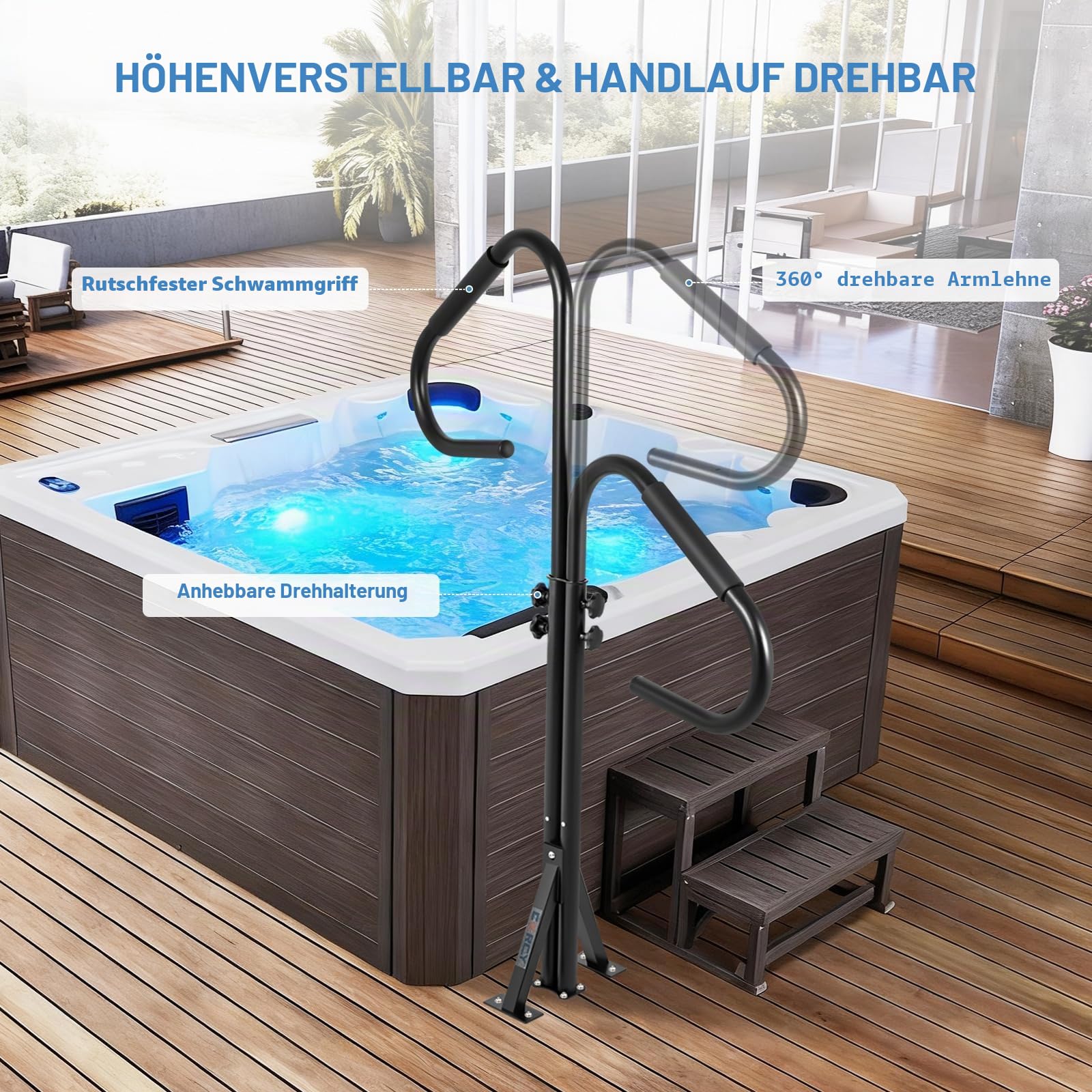 CXRCY Whirlpool-Handlauf, 360 Grad drehbarer Spa-Seitenhandlauf mit 109,2 cm - 134,6 cm verstellbarer Höhe, Whirlpool-Handlauf für drinnen und draußen, 272 kg Kapazität (nur Schraubbefestigung)