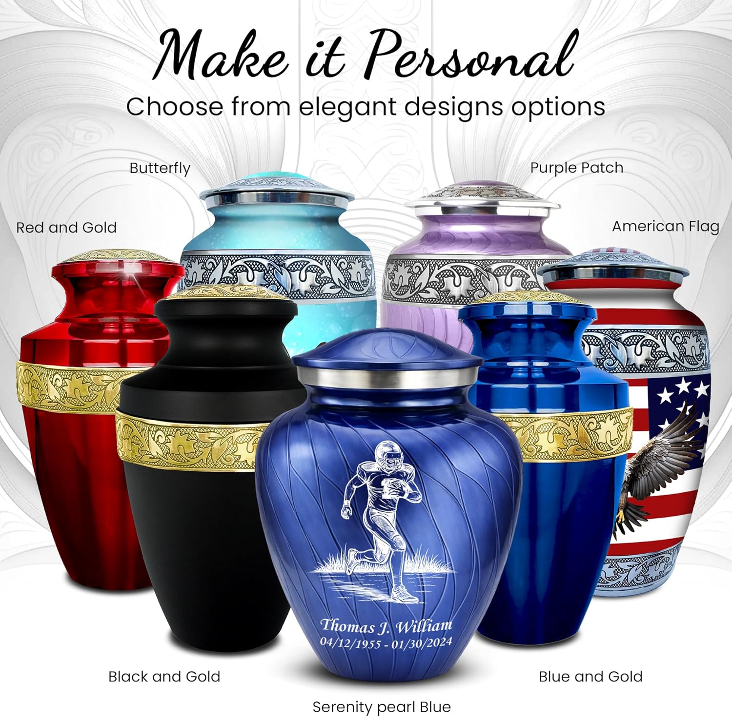 Set of 6 Serenity Custom/Personalized Engraved Decorative Urns for Human Ashes for Adult Male and Female Includes 1 Large Urn with 4 Small Keepsakes & 1 Silver Necklace - Pearl Cobalt Blue Football