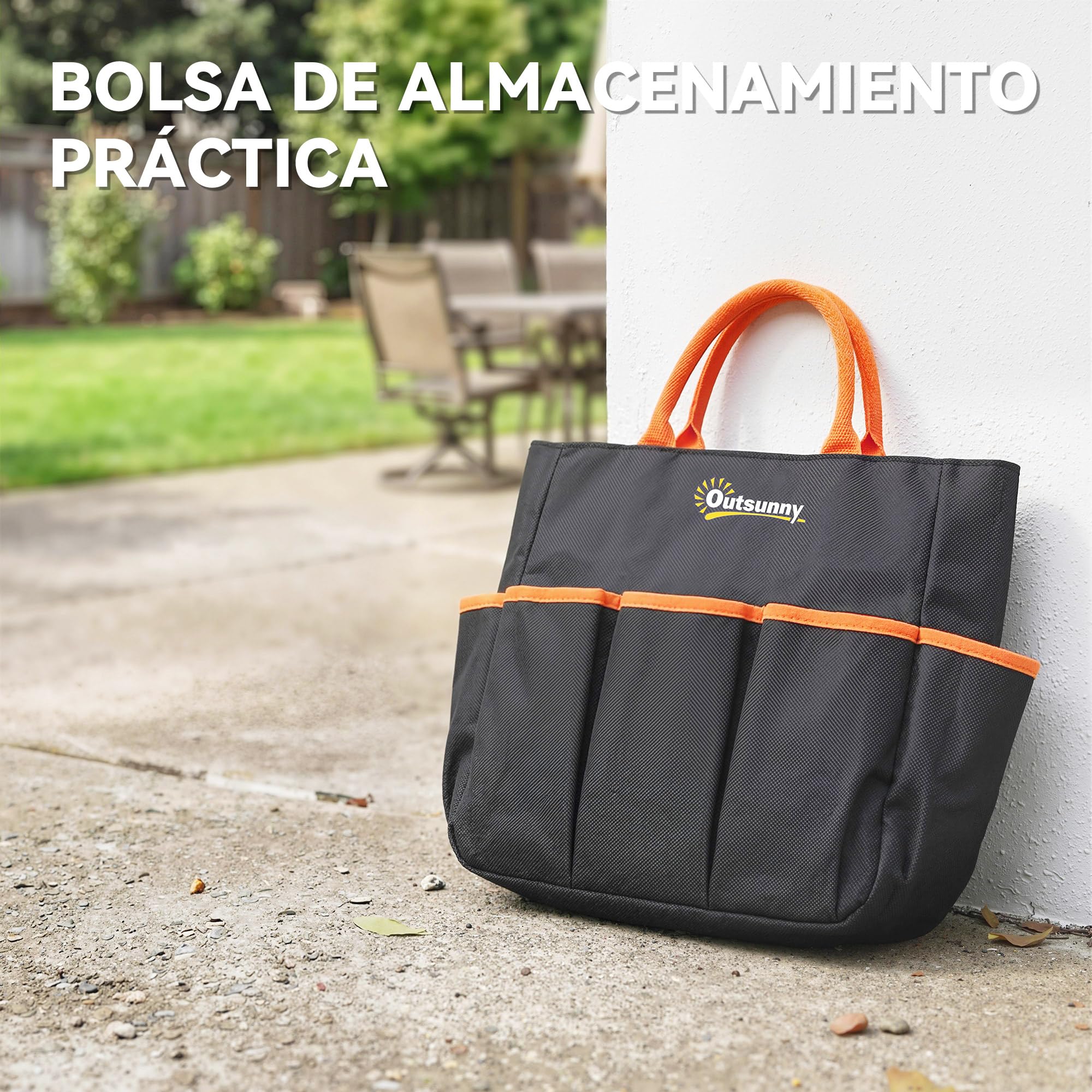 Outsunny Taburete de Jardín Plegable con Almohadilla de Espuma EVA, Asiento de Jardín Portátil con Bolsa para Herramientas en Cintura, Carga 150 kg, Regalo para Jardineros, Ancianos, Negro