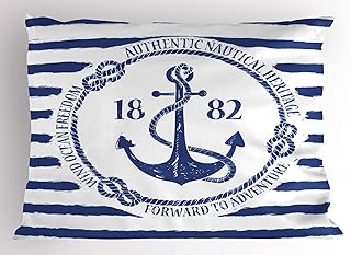 Lunarable Anchor Pillow Sham, Old Nautical Emblem with Anchor on a Striped Background Freedom Heritage, Decorative Standard Queen Size Printed Pillowcase, 30