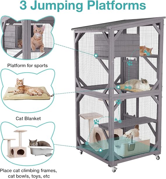 Catio Outdoor Cat Enclosure,Cat House with Wheels,Upgraded cat Scratching Post，Resting Box,Waterproof Roof for Patio Garden (Grey, 31.5 L x 31.5 W x 70.9 H)