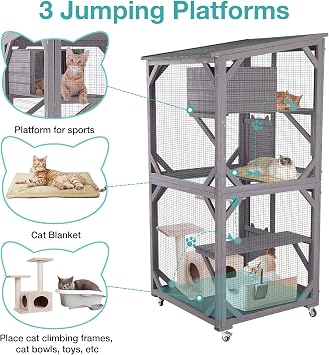 Catio Outdoor Cat Enclosure,Cat House with Wheels,Upgraded cat Scratching Post,Resting Box,Waterproof Roof for Patio Garden (Grey, 31.5 L x 31.5 W x 70.9 H)