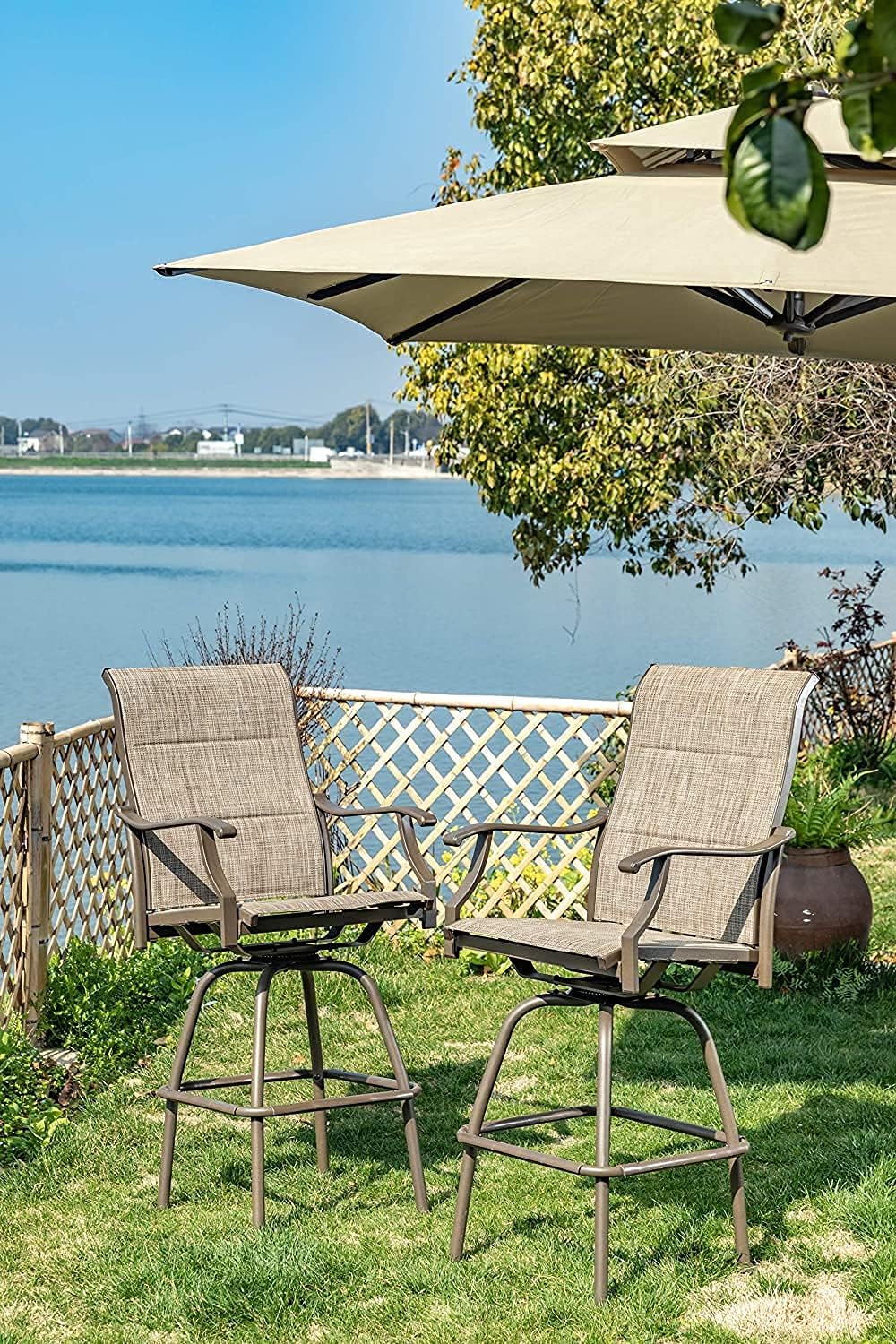 Welnow Outdoor Swivel Bar Height Patio Chairs Metal Height Bar Bistro Stools with All Weather Steel Frame, Brown, Set of 2: Kitchen & Dining