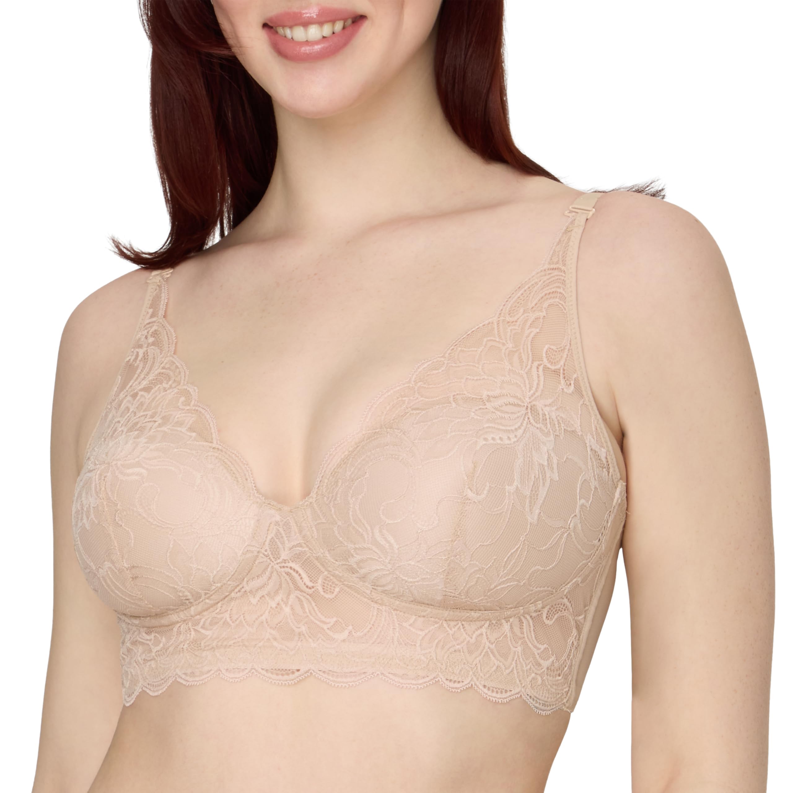 Maidenform Wireless Bralette, Pure Comfort Lace Longline Bra for Women, Convertible Straps, Almond Bloom Lace, 34B