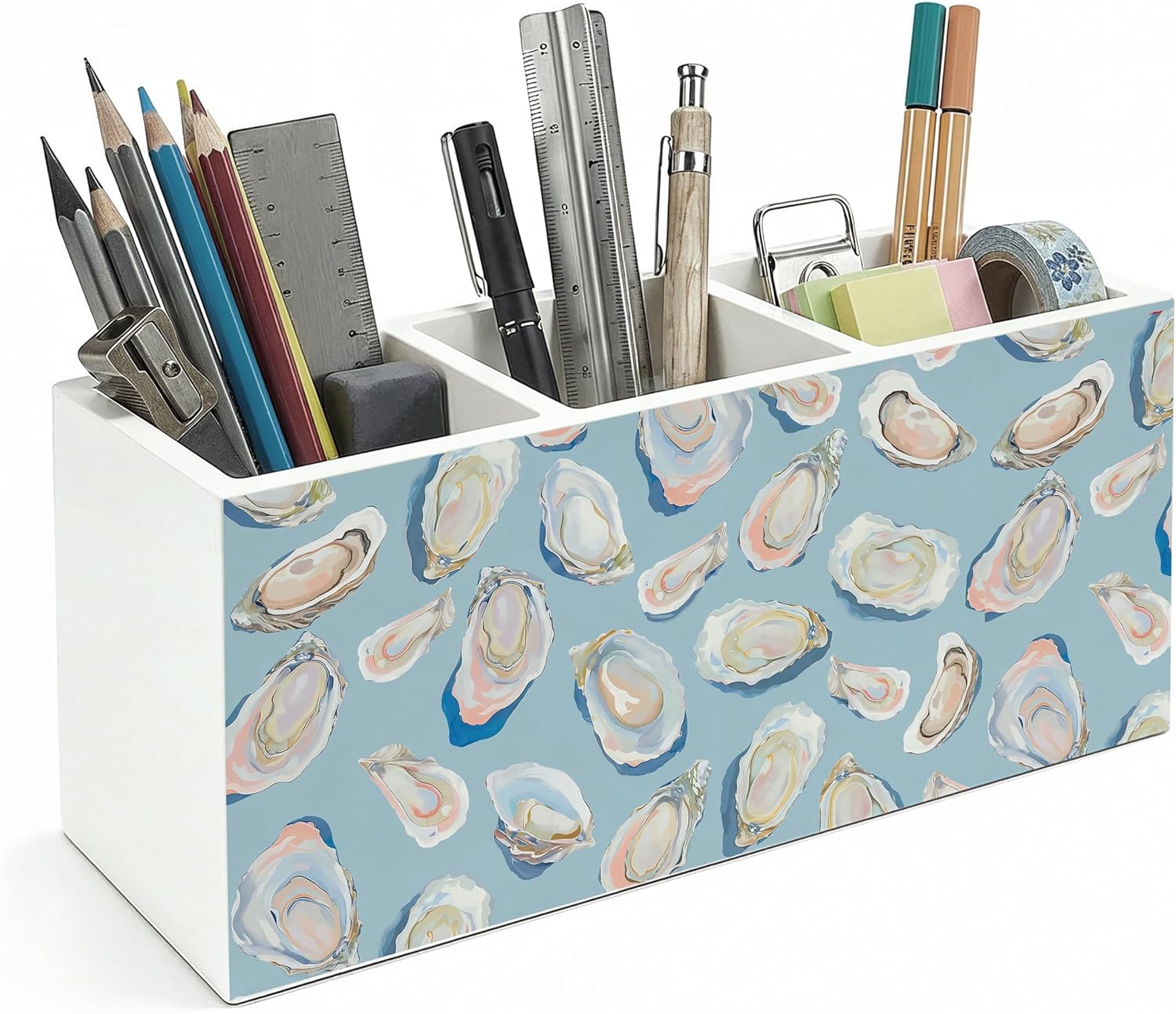 Coastal Beach Oyster Shell Wooden Pencil Pen Holder for Desk Organizers and Accessories, Pastel Blue Nautical Ocean Oyster Makeup Brush Holder Organizer for Bathroom Vanity