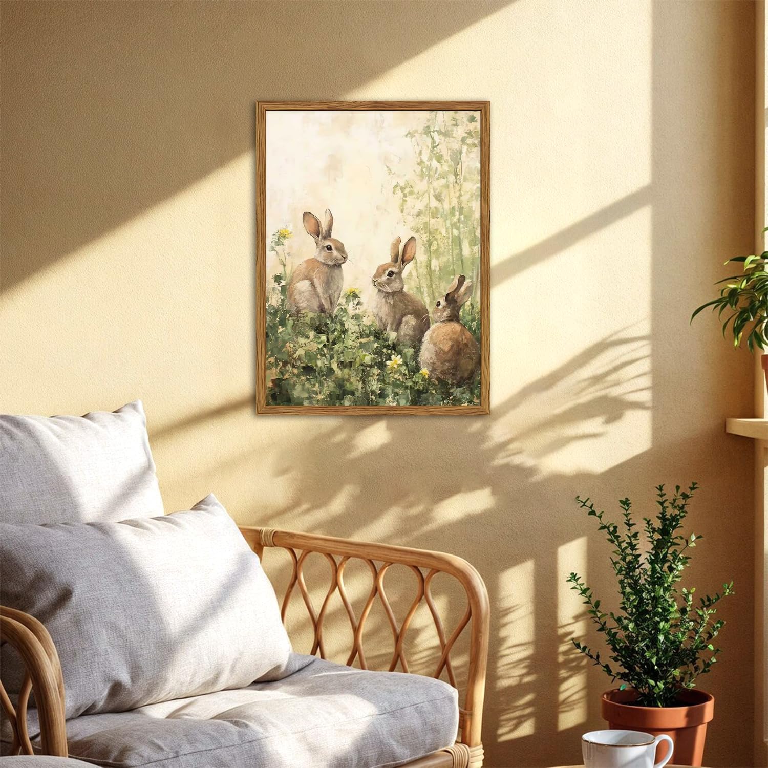 Framed Vintage Rabbit Wall Art, Cute Easter Bunny Pictures Wall Decor, Cottagecore Farmhouse Animal Paintings Canvas Prints Spring Rustic Home Decor for Living Room Nursery Bedroom 16x24 inch