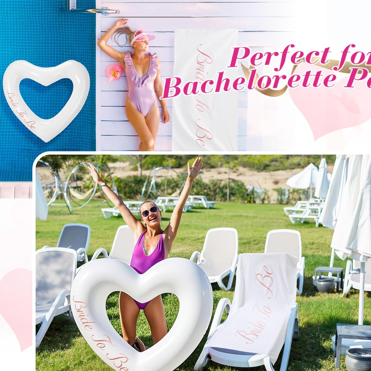 2 Pcs Bride Beach Towel and Pool Float for Bachelorette Gifts 63 x 31 Inch White Beach Towel 47 x 39 Inch Heart Pool Float for Bachelorette Bride Shower Party Favors Wedding Summer - Image 7
