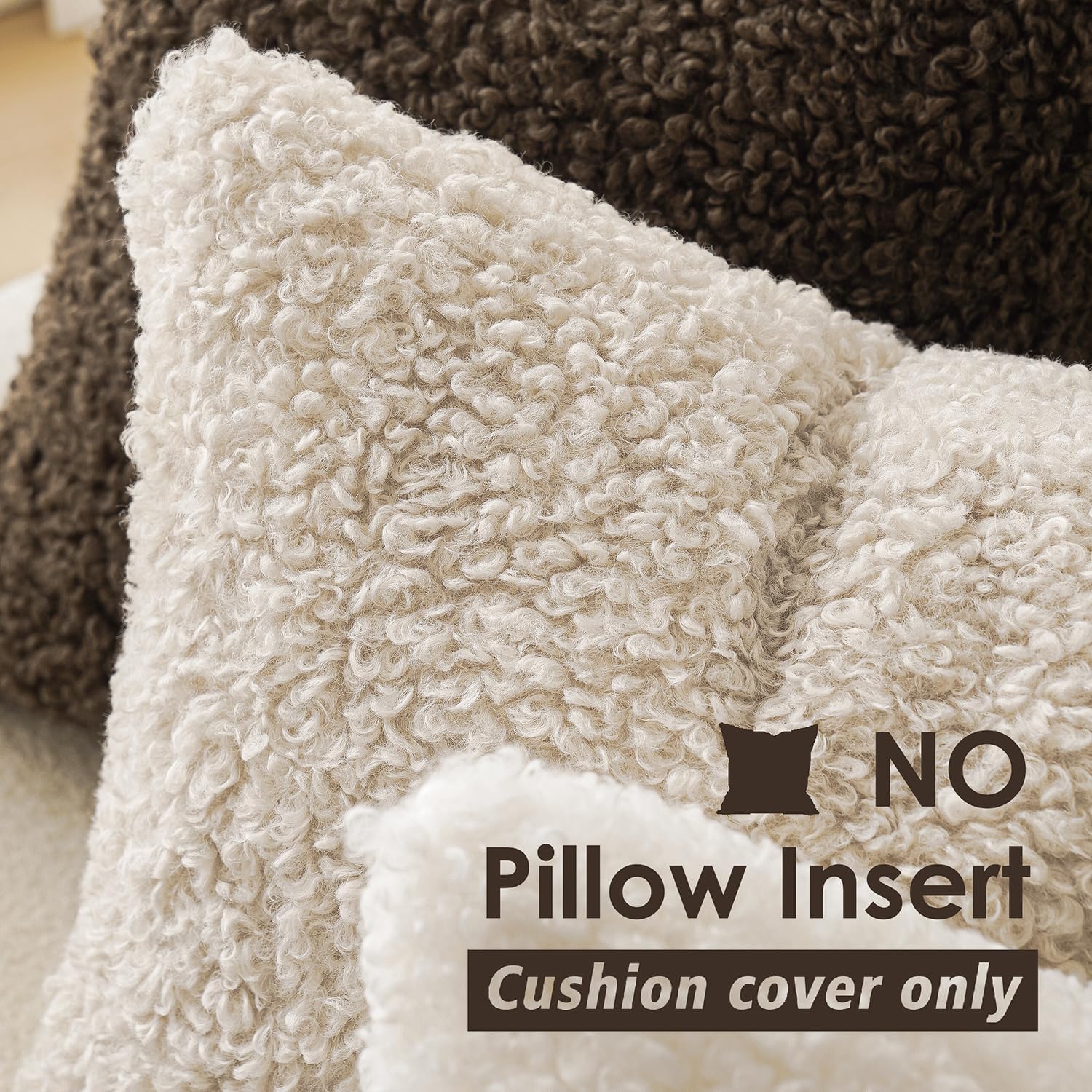 Foindtower 2 Pieces Faux Fur Throw Pillow Cover Decorative Sherpa Pillow Fuzzy Accent Pillowcases Soft Sheepskin Fleece Cushion Case for Bed Couch Living Room 18x18 Inch Neutral Cream - Image 3