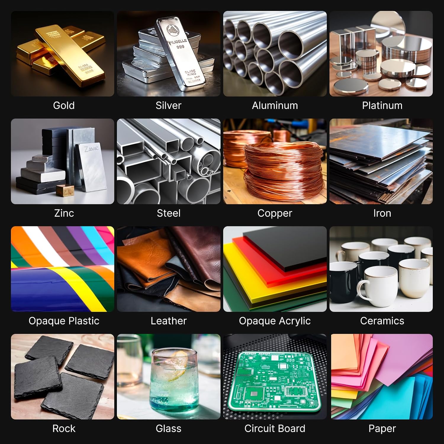 Various materials compatible with xTool 1064nm Infrared Laser Module including metals, plastics, leather, ceramics, rock, glass, circuit board, and paper.