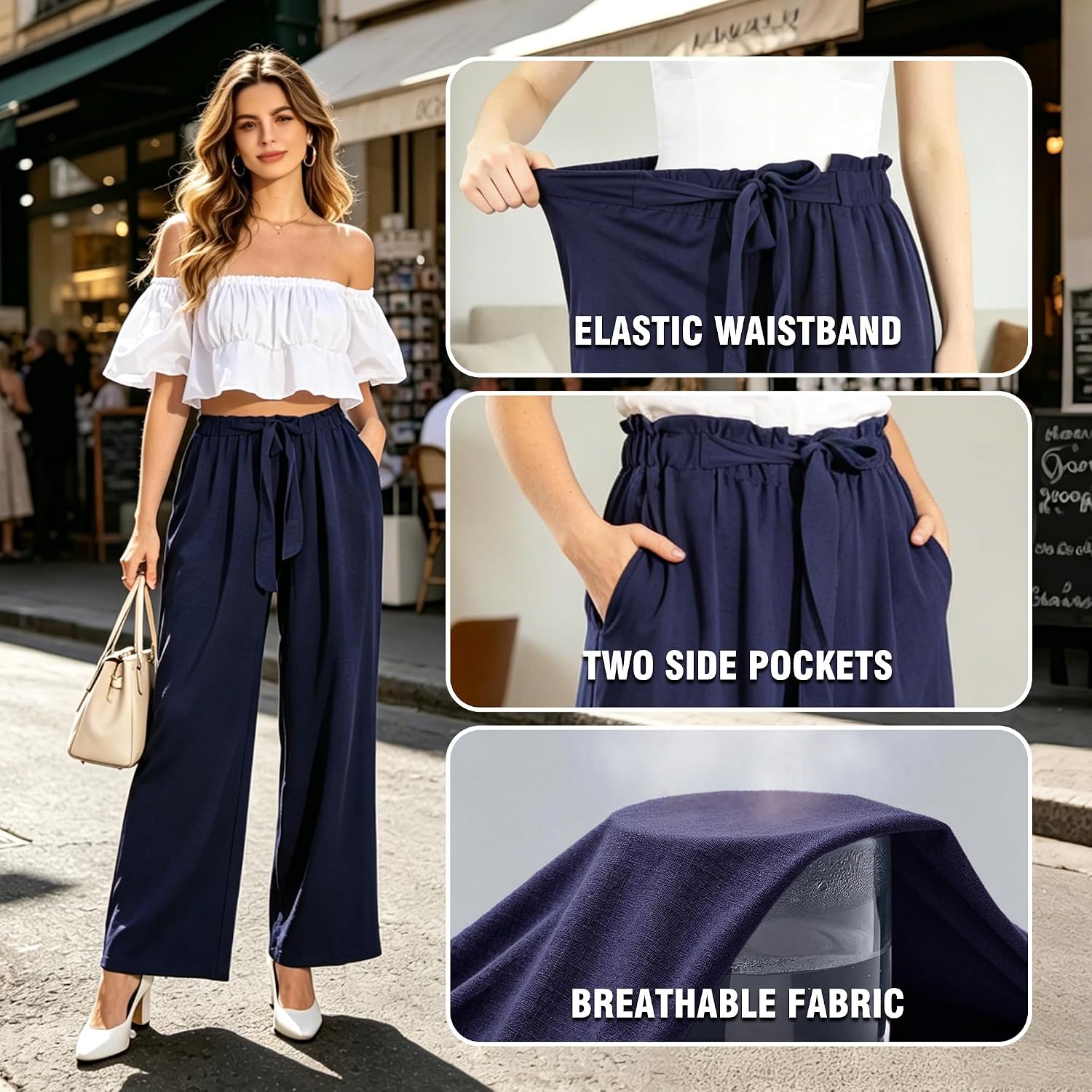 Women Wide Leg Casual Pants High Waist Flowy Palazzo Trousers Adjustable Knot Stylish Lounge Business Pants with Pockets