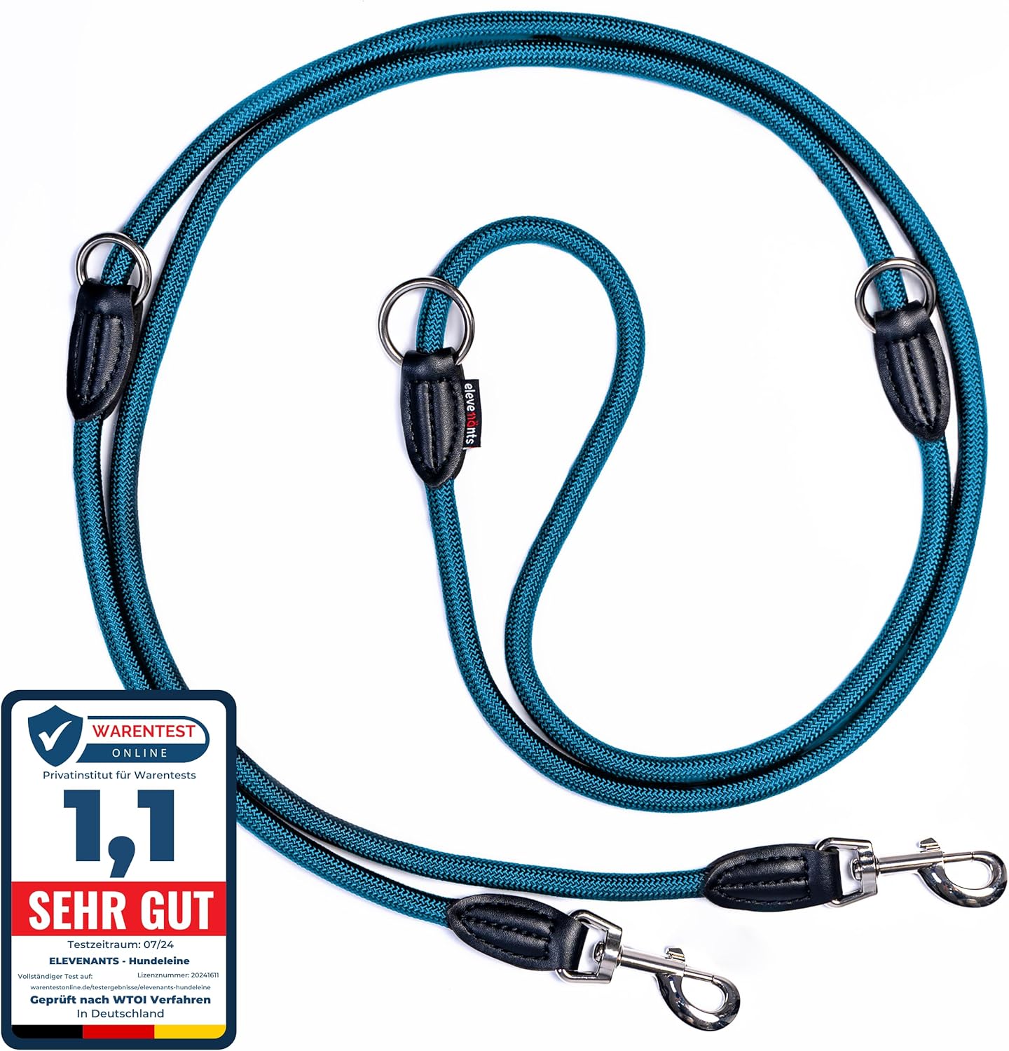 Verstellbare Hundeleine 3 Meter, robuste Nylon-Schulterleine für mittlere bis große Hunde, Leine mit 200 kg Zugkraft, Doppelleine mit 2 Karabinern (blau)