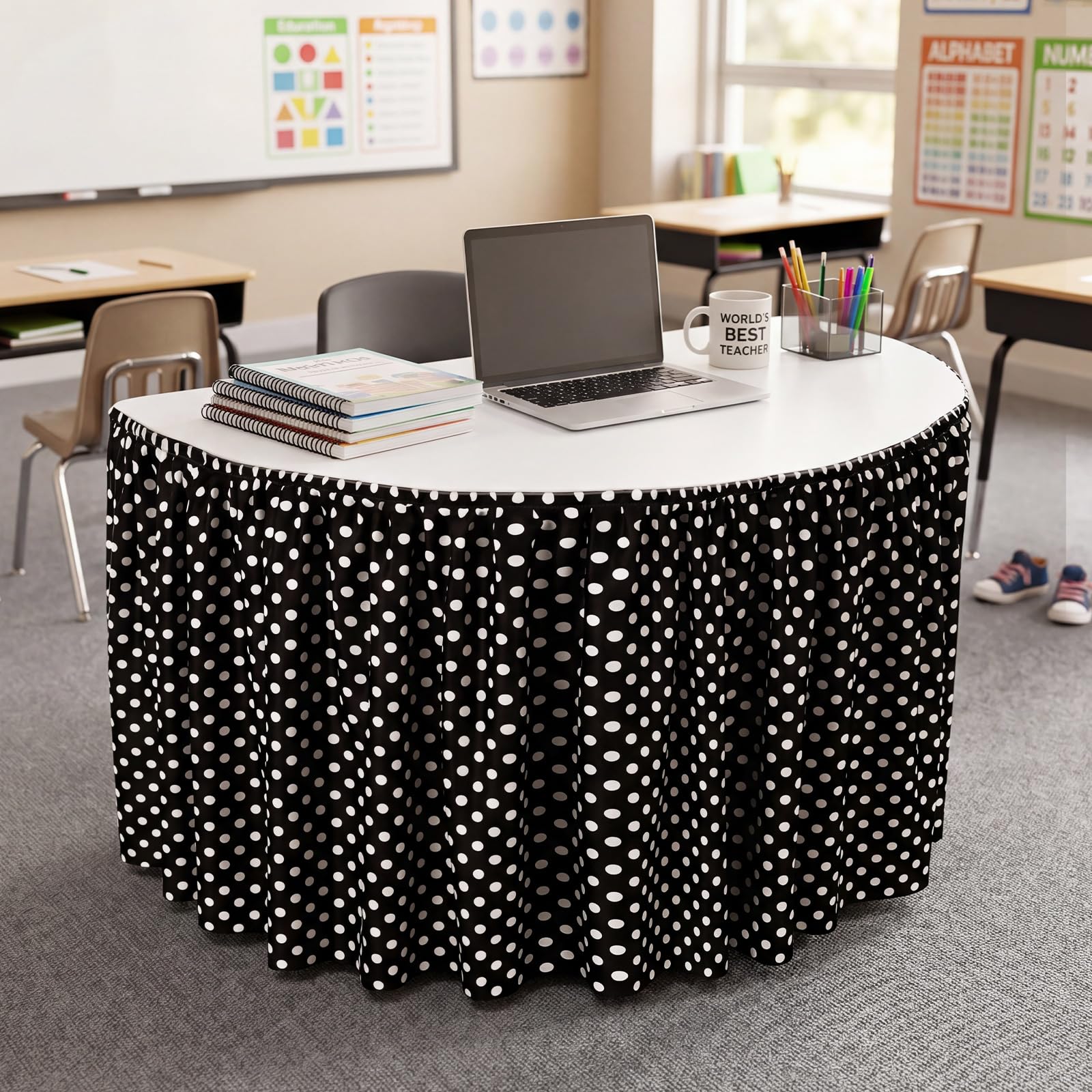 Oudain 9 ft Black and White Polka Dots Table Skirt for Teacher Desk | Wrinkle Polka Dots Table Cover Skirt for Kindergarten Classroom Kidney Shaped Desk Back to School Supplies