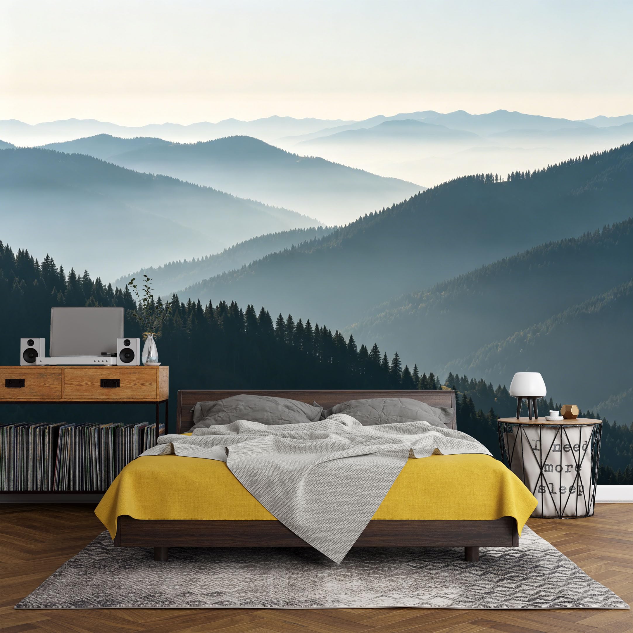 Custom Size Wall Mural， Mountain Mist Forest Landscape Sunrise Nature Scenery，SelfAdhesive Art Prints wall Fabric (No PVC) Removable Wallpaper Living Room Decor