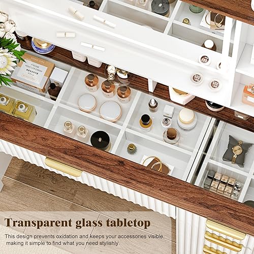 Miniatura 5 de Escritorio de tocador de maquillaje con espejo y luces, mesa de tocador de vidrio de 43.3 pulgadas con 5 cajones y estantes, juego de tocador grande